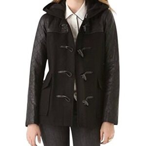 Theory Marimba Raw Edge Wool Lamb Leather Sleeve Hooded Duffle Coat Black Sze SP